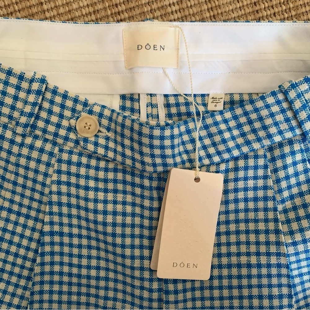 NWT Doen Kingsley Cotton Button High Waist Shorts Southhampton Gingham Blue - Picture 7 of 12